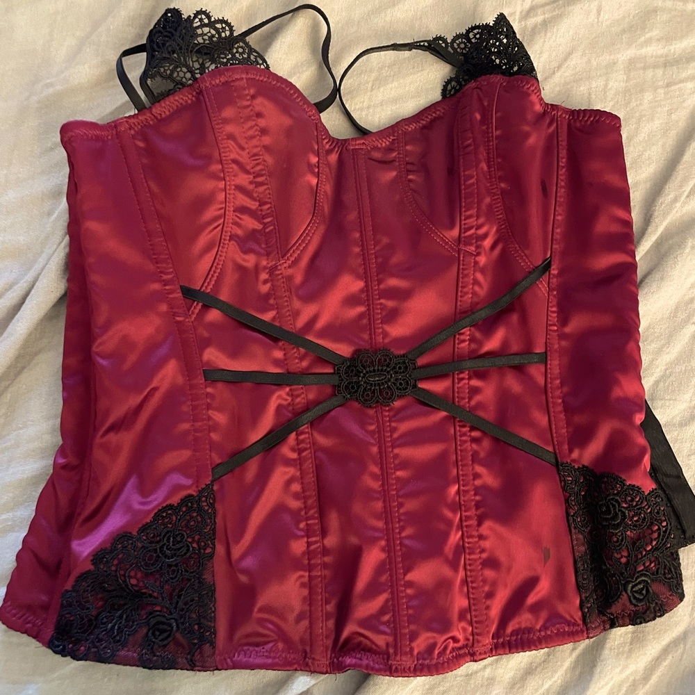 Crimson and black bustier with lace detailing, worn once